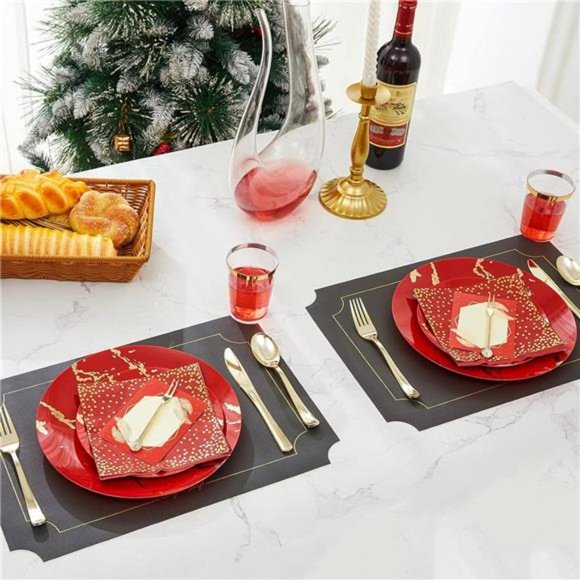 Red Gold Plastic Plates Set, Disposable Dinnerware Set Include 25 Dinner Plates - Picture 5 of 8